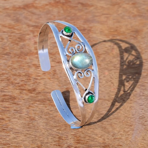Blue Fire Labradorite & Diopside Gemstone 925 Sterling Silver Antique Bracelet - Picture 3 of 5