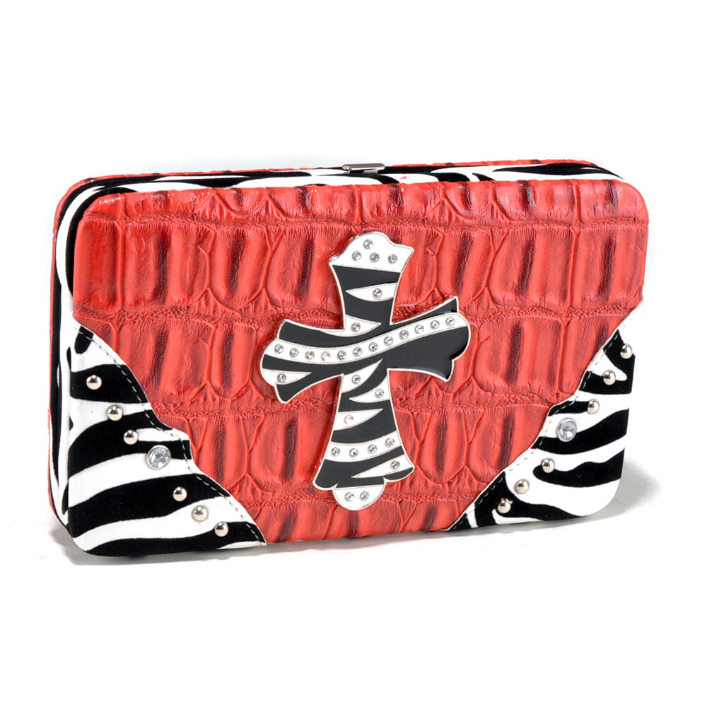 Women Faux Leather Clutch Zebra Trim Wallet Card Purse with Rhinestone