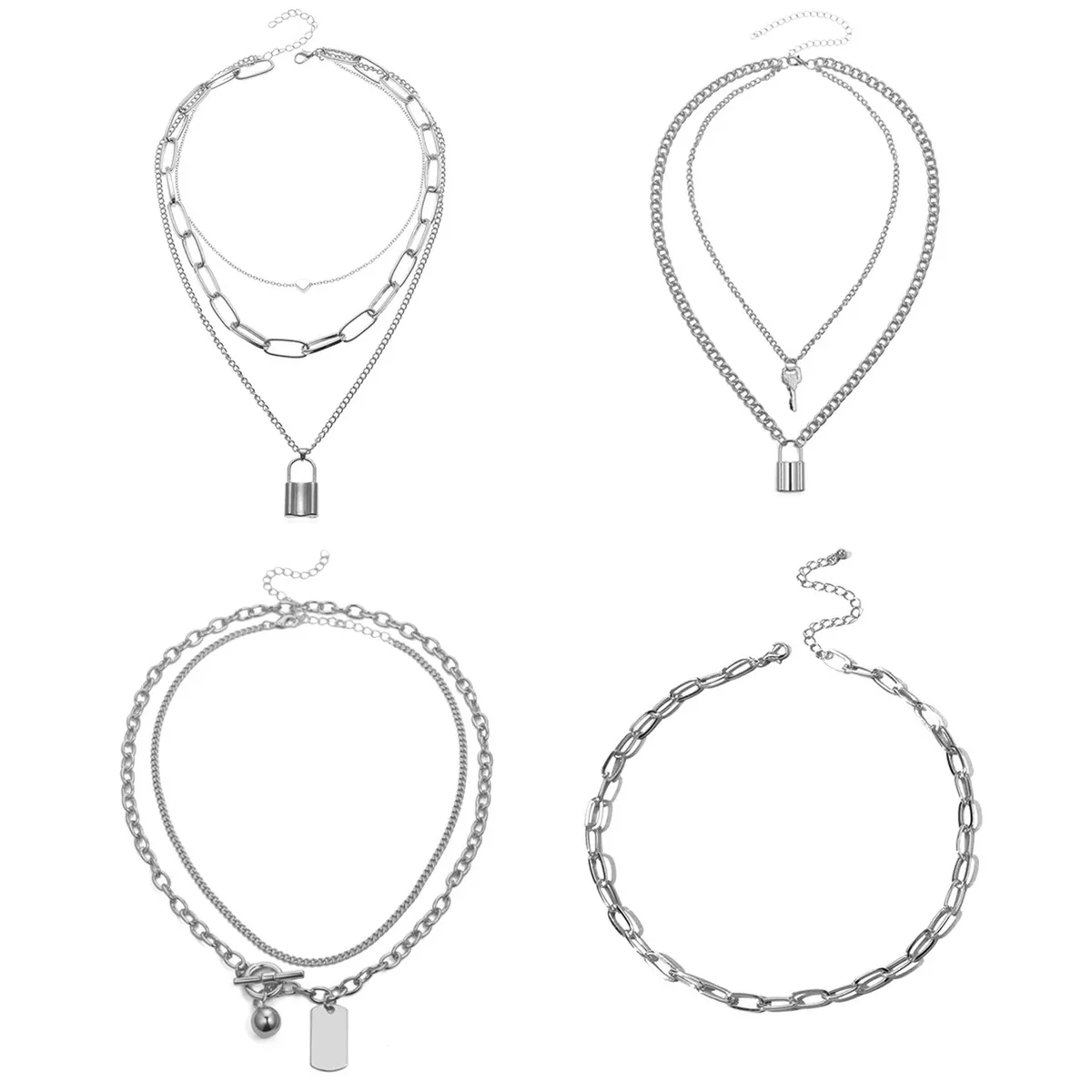 4Sets Egirl Eboy Layered Stylish Chain Necklace Lock Key Pendant
