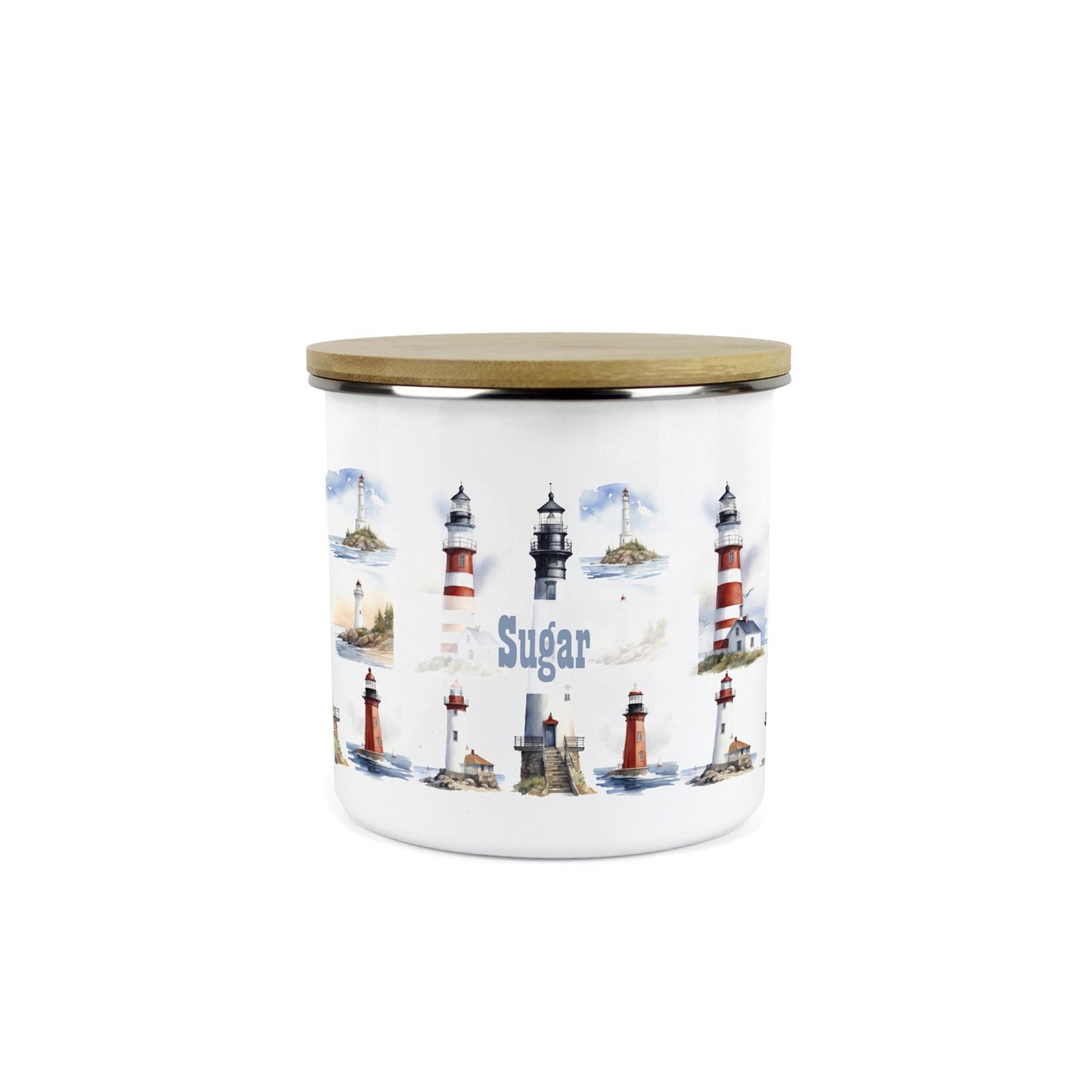 Lighthouses Sugar Canister - Coastal Themed Enamel Kitchen Storage Jar Gift