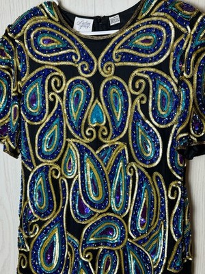 Vintage 80s Silk Beaded Sequin Dress Black Gold Blue Paisley Cocktail Party 2X