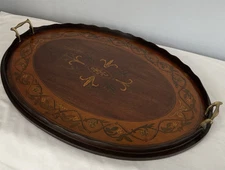 Large Antique Oval Scallop Edge Butlers Tray Serving Tray Inlay Marquetry