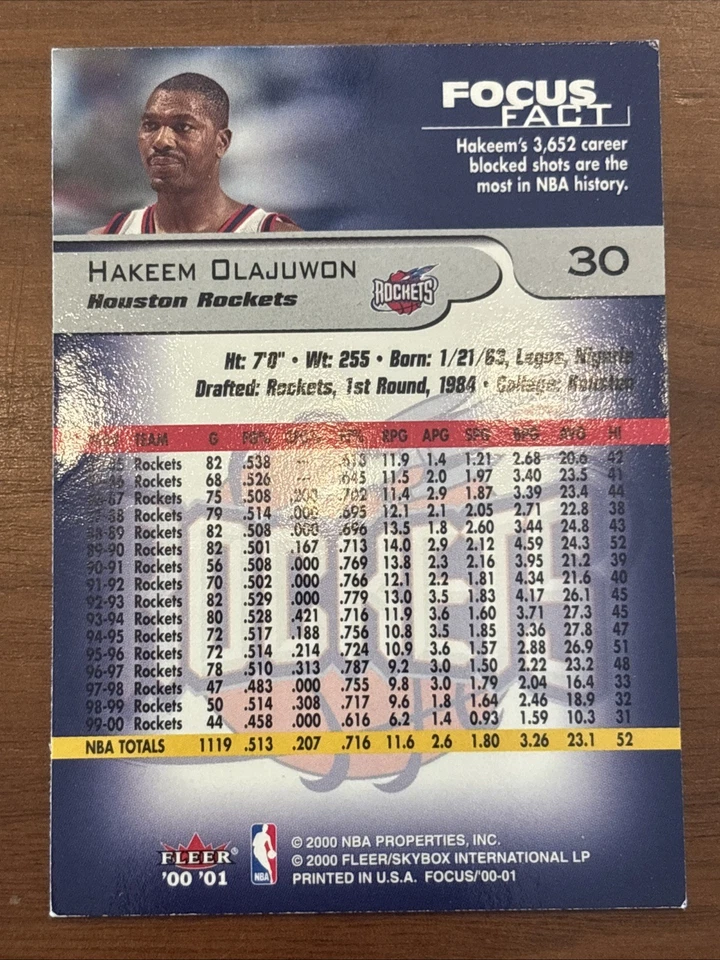 2000-01 Fleer Focus - Hakeem Olajuwon #30 Rockets HOF VG - Image 2 of 3
