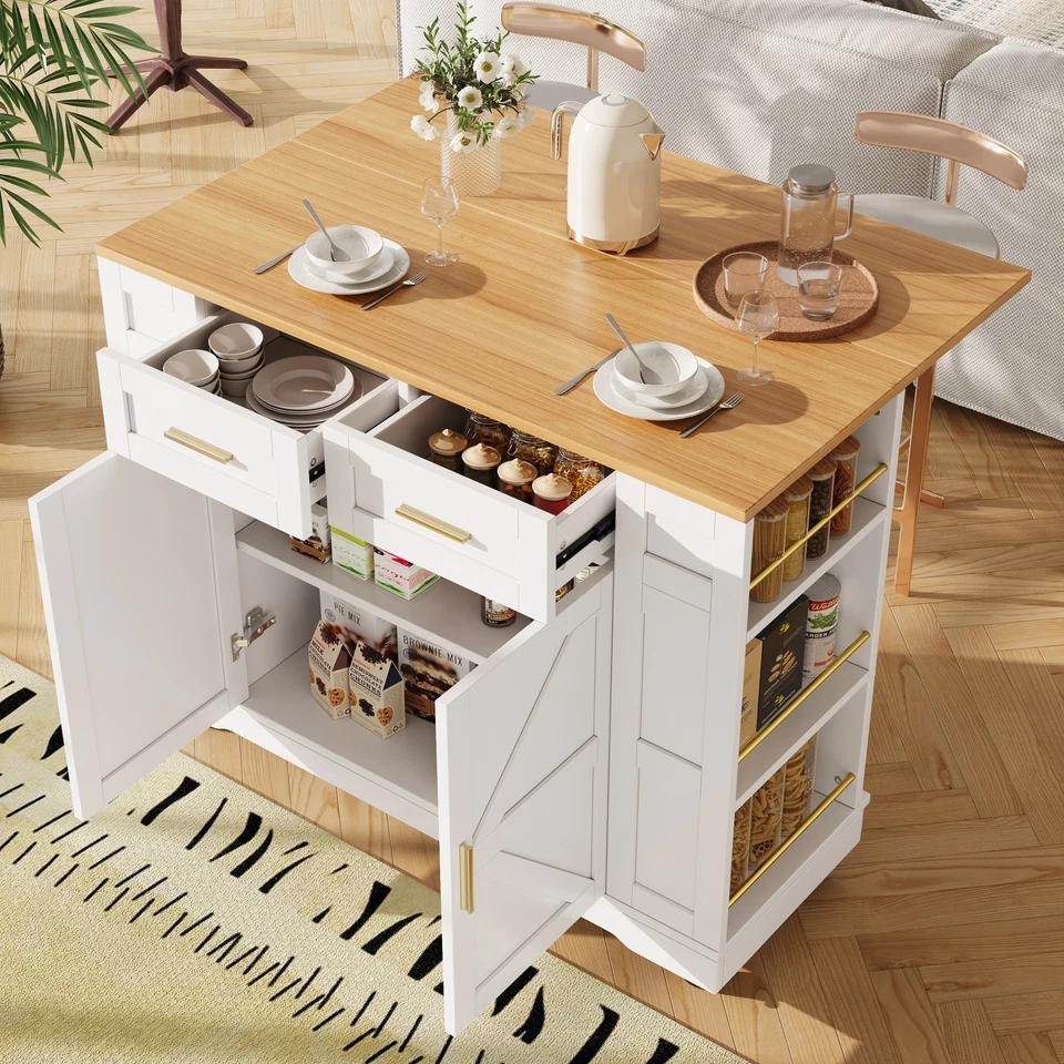 ROLLING KITCHEN ISLAND WITH DROP LEAF TOP, 2 STORAGE DRAWERS & SPICE RACK, WHITE - Image 3 of 4