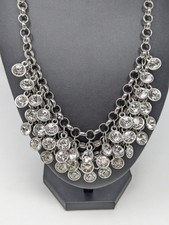 Silver Tone Crystal Fringe Bib Statement Necklace Layered Rhinestone Glam