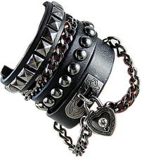 2Pcs Punk Layered Spike Rivet PU Leather Bangle Bracelet Set Gothic Adjustable H