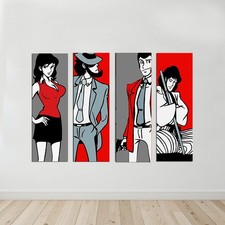 Set 4 Quadri Personaggi Lupin - Dipinti a Mano su Tela Pop Art 30x90 Arredo casa