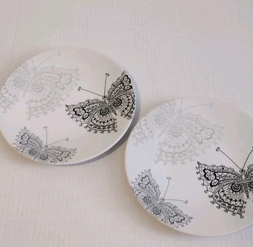Plato de almuerzo para ensalada Roscher BUTTERFLY LACE 8" blanco negro gris 2 platos de gres Foto 3 de 4