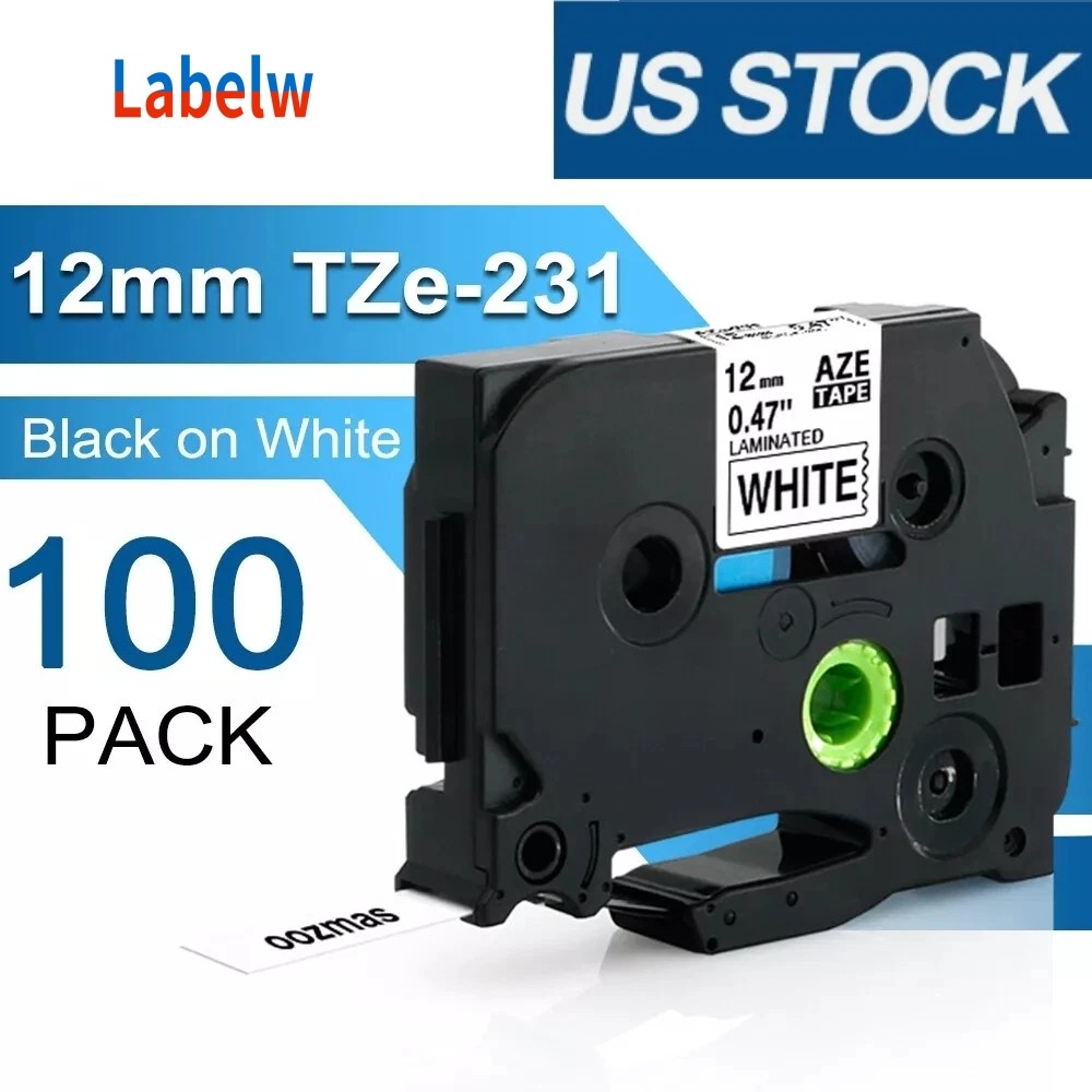 100PK For Brother P-Touch TZe-231 TZ231 12mm White Standard Laminated Label Tape