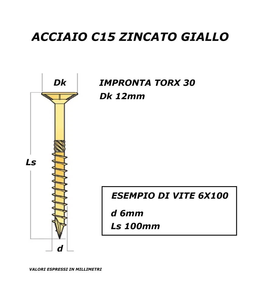 VITI PER LEGNO IMPRONTA TORX TESTA SVASATA MM 6 MM 8 ACCIAIO C15 ZINCATO GIALLO - Immagine 4 di 4