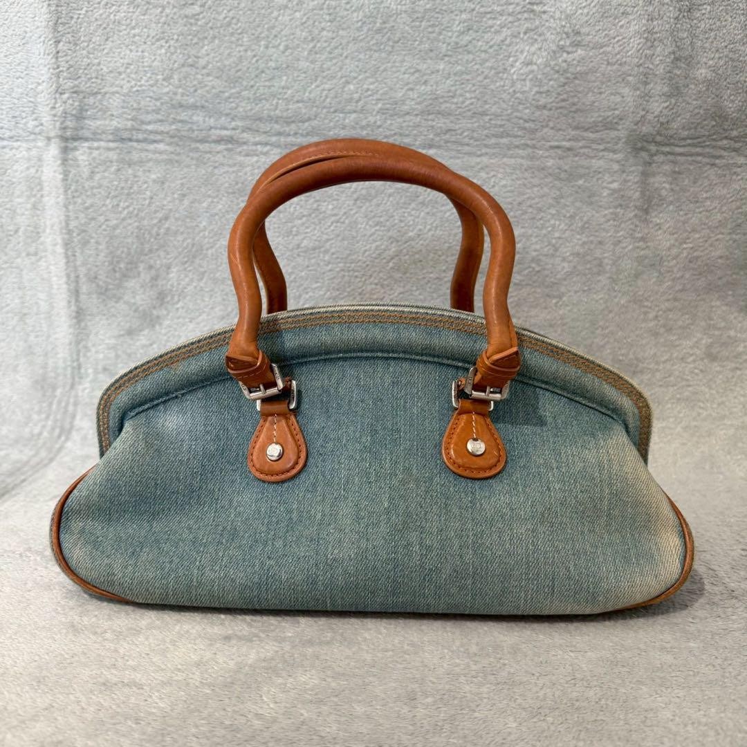 Christian Dior CD Logo Floral Hand Bag Denim Leather Japan F