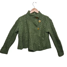 Carraig Donn Women 100% Merino Wool Green Cable Knit Sweater Ireland Heritage