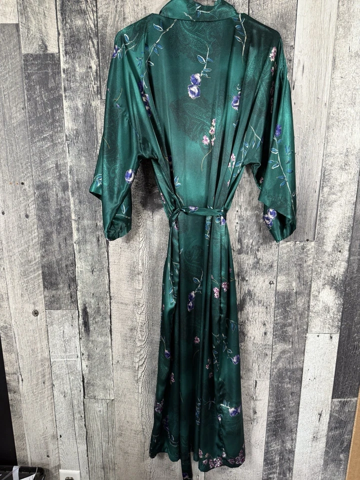 CALIFORNIA DYNASTY халат спа халат шелковистый синий зеленый цветочный ремень женщин Sz M - Изображение 2 из 4