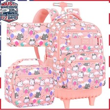 Girls Rolling Backpack with Wheels - Cute Cat Design - Water-Resistant