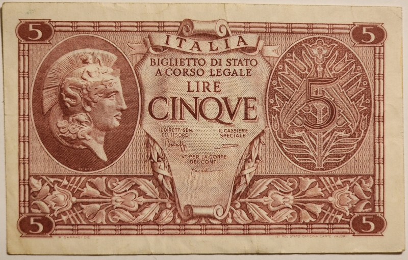 WWII Wartime 1944 Italy 5 Lire Biglietto Di Stato (State Ticket) Series 1029