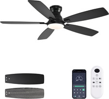 52" Black Low Profile Ceiling Fan with Lights Remote, 6 Speeds, Noiseless