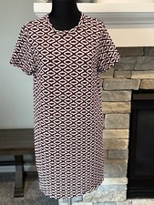 ZARA Womens Dress Rust White Geometric Print Shift Short Sleeve Size M