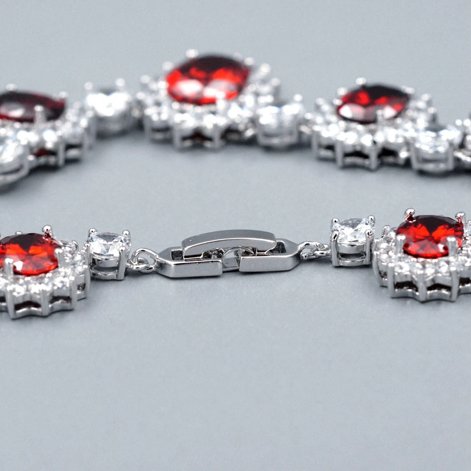 Jewelry Set Red Cubic Zirconia White Gold Plated Necklace Bracelet Earrings 6259 - Image 4 of 4