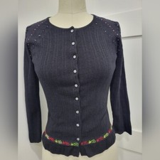 VINTAGE Women's Urchin Mark Eisen Cardigan Hand Stitched 3/4 Sleeves Black Sz M