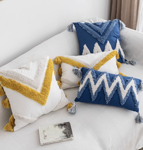 Blue Yellow PeachHandmade Moroccan Style Tufted Nordic Boho Tassel Cushion Cover - Picture 1 of 25