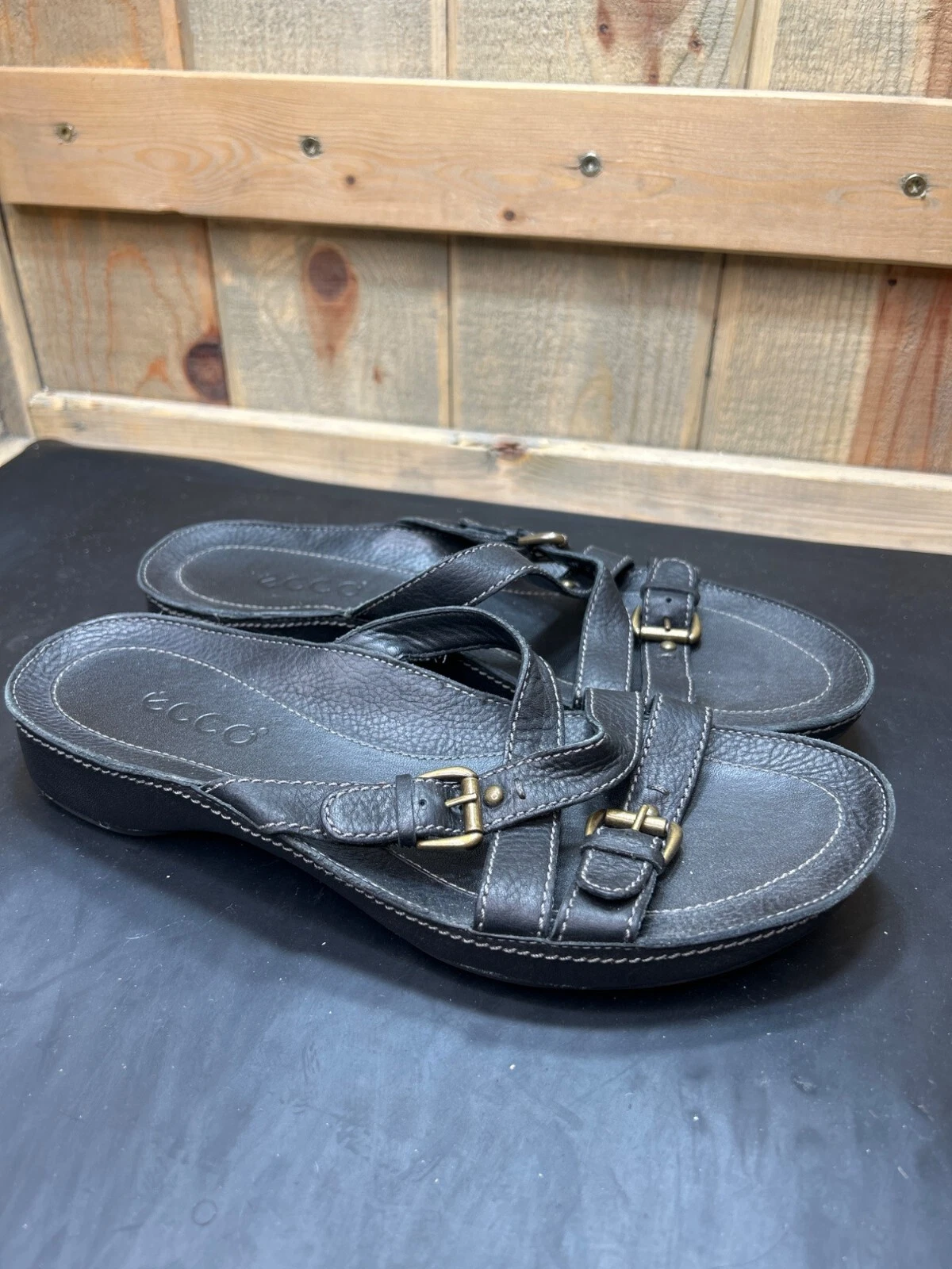 Ecco sandali donna neri in pelle con slide taglia 40 EU US 9 9 5