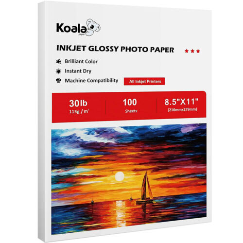 100 Blatt Koala dünnes Fotopapier 8,5x11 glänzend 30 Pfund 115g Tintenstrahldrucker Chip Tasche - Bild 1 von 11