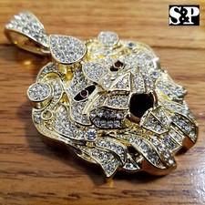 HIP HOP ICED ICY RAPPER CUBIC ZIRCONIA ALLOY GOLD PLATED LARGE LION HEAD PENDANT