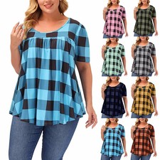 2026 Women Oversized Plaid Printed Round Neck loose Milk Silk Tops Summer Blouse