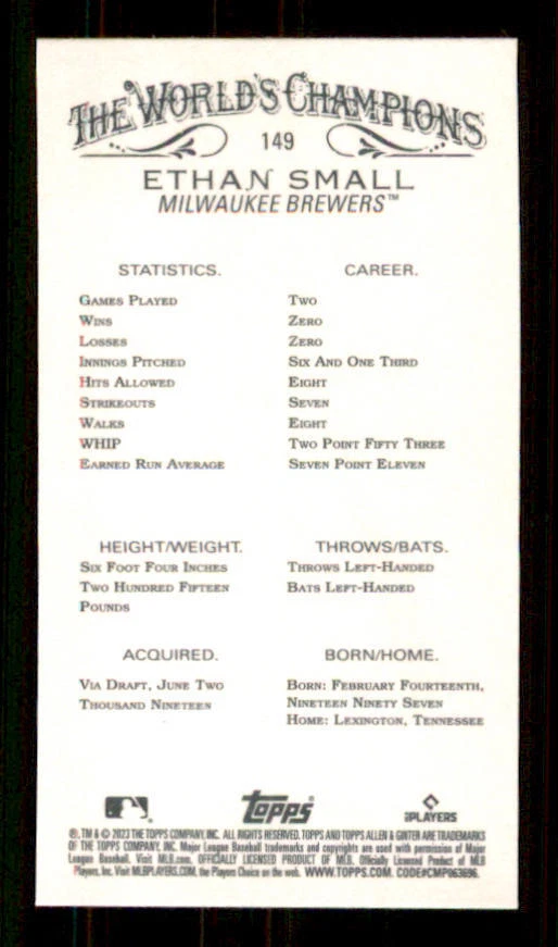 2023 Topps Allen and Ginter Mini Black Border #149 Ethan Small - Image 2 of 2
