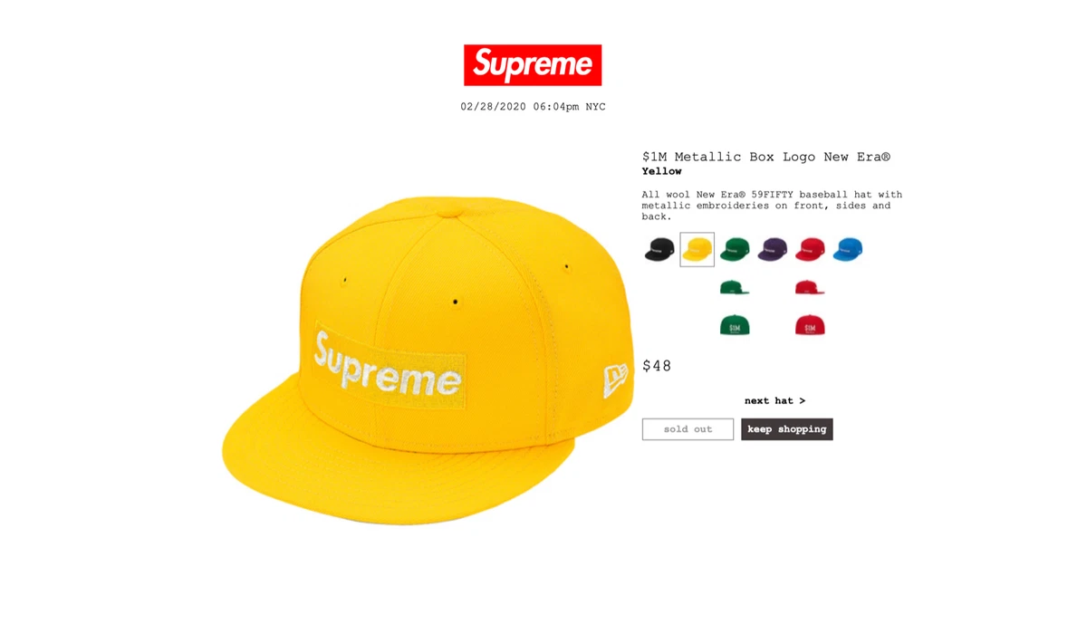 Supreme New Era $1M Metallic Box Logo Cap Yellow Hat Size 7 1/4