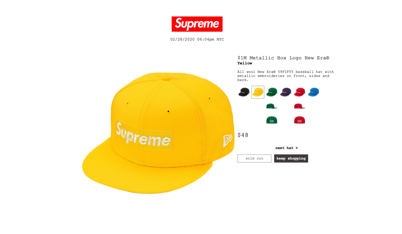 Supreme New Era $1M Metallic Box Logo Cap Yellow Hat Size 7 1/4 SS20  krooked NEW