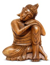 12" Wooden Sleeping Buddha Statue Hand Carved Resting Sitting Wood Figurine Art