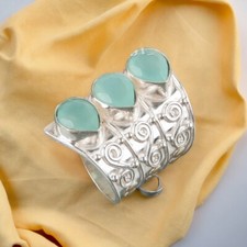 Natural Aqua Chalcedony Gemstone 925 Sterling Silver Handmade Ring Adjustable DC