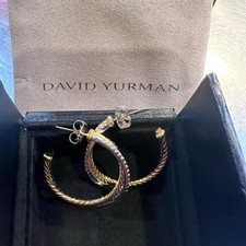 David Yurman 18k Yellow White Gold Diamond Crossover Hoop Earrings