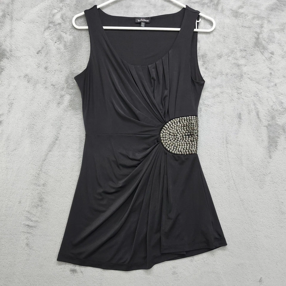 Vintage Y2K Le Chateau Top Womens XS Black Sleeveless Tank Sequins Draped Silky - Image 2 of 4