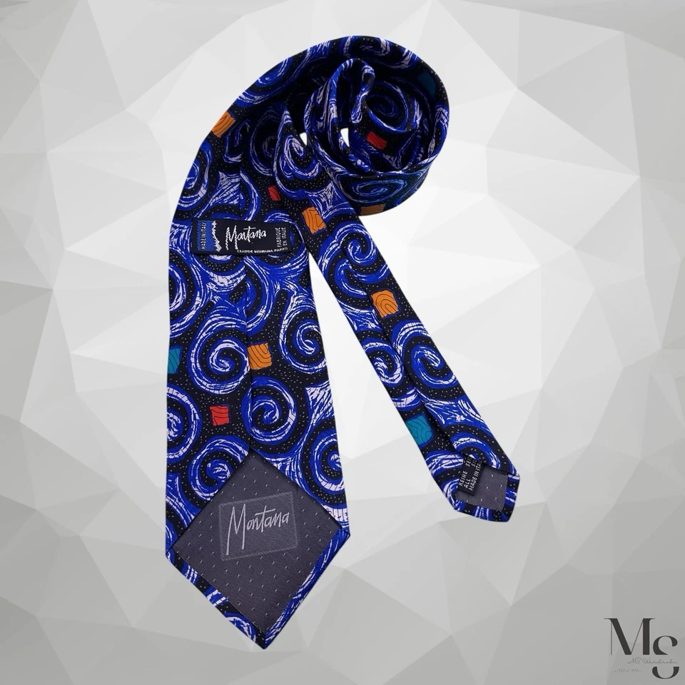 Corbata de seda de lujo con estampado artístico azul CLAUDE MONTANA hecha en Italia 57”-3,7” EXCELENTE ESTADO Foto 2 de 4