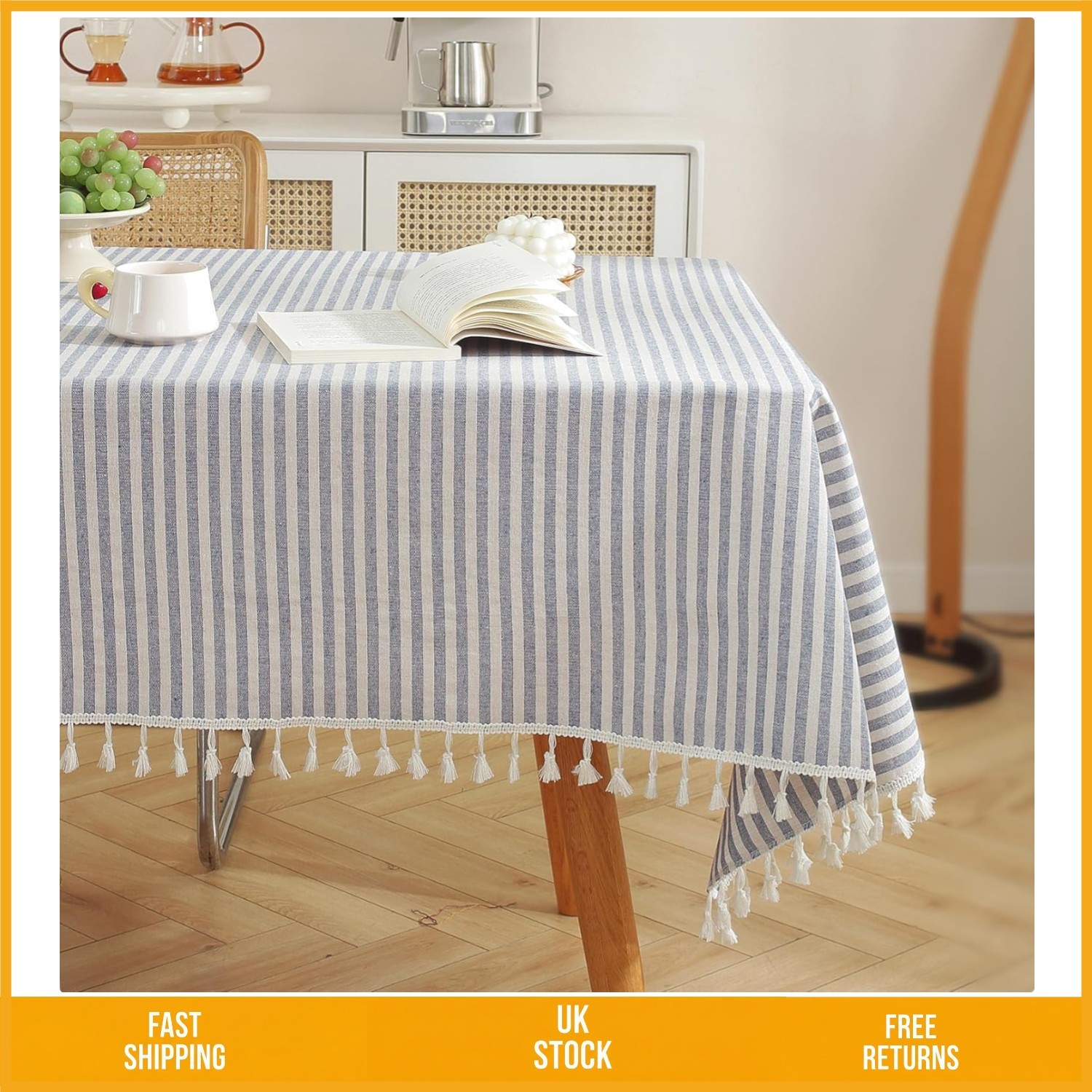 Elegant Striped Tassel Cotton Linen Rectangular Tablecloth Blue White 140x300cm