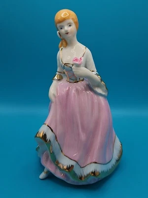 Porcelain Victorian Lady Figurine Pink Dress Gold Trim w/ Pink Rose Vintage - Image 1 of 4