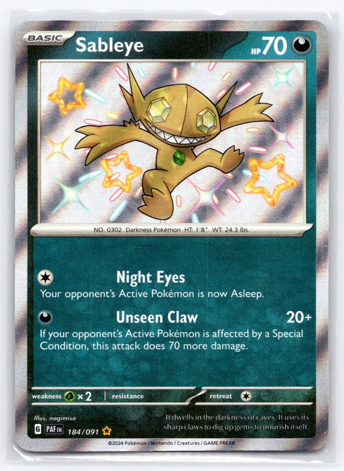 Pokemon NM Holo Sableye 184/091 Shiny Rare SV: Paldean Fates