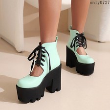 Women's Sweet Ankle Boot Round Toe Shoes Lace Up Platform High Block Heel Hot