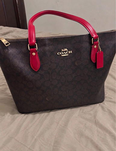 Coach Signature Monogram Brown/Red Zip-Top Tote Handbag w/ Charm, Gold HW
