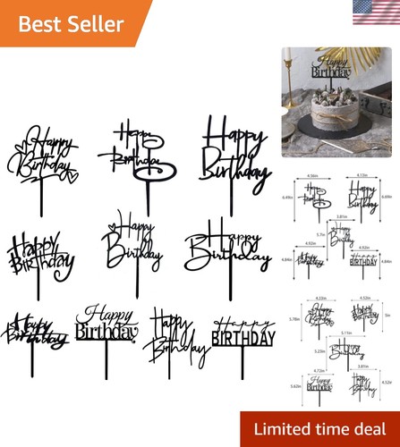 10 PCS Black Happy Birthday Cake Topper Acrylic Cupcake Topper A Series of Bi...