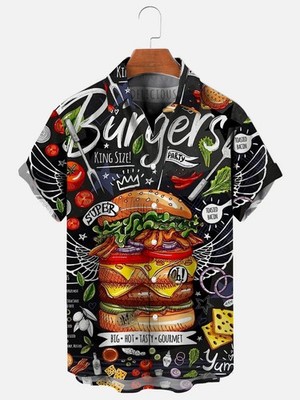 Mens Burger Print Hawaiian Short Sleeve Shirt