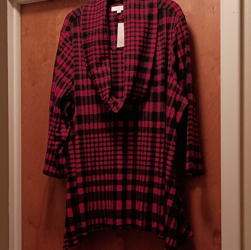 NWT New Directions Women's 3X Red & Black Plaid Cowl Neck Tunic Long Sleeve