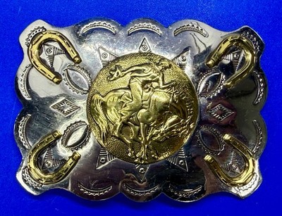 Rodeo Cowboy Saddle Bronc Bronco Busting Horseshoe Bell Trading Post Belt Buckle