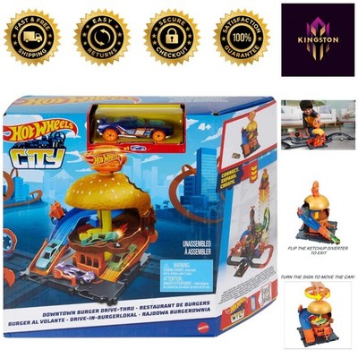 Interactive Hot Wheels City Burger Drive-Thru Playset with 1 Vehicle Included