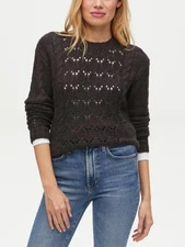 Michael Stars Louisa Cable Knit Pointelle Pullover Sweater Black Sleeved Top S