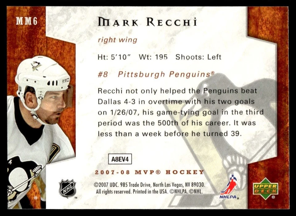 2007-08 Upper Deck MVP Monumental Moments Mark Recchi Pittsburgh Penguins #MM6 - Image 2 of 2