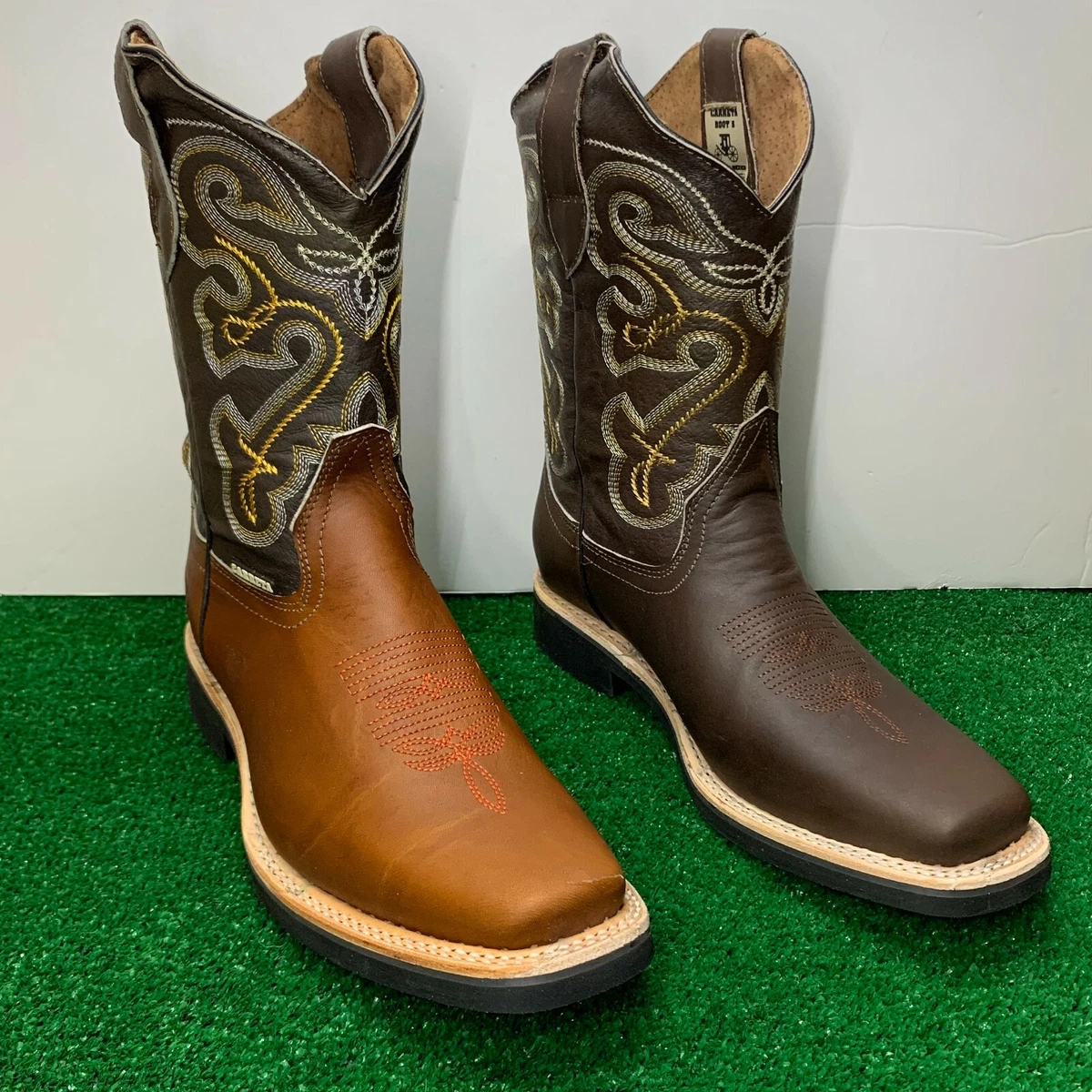 Men Western Cowboy Square toe Leather Boots Bota Vaquera Caballero