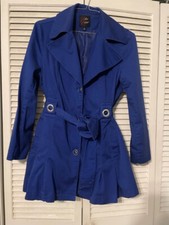 Eden Court Blue Belted Trench Coat Jacket Box Pleats Pockets Stretchy Size Large